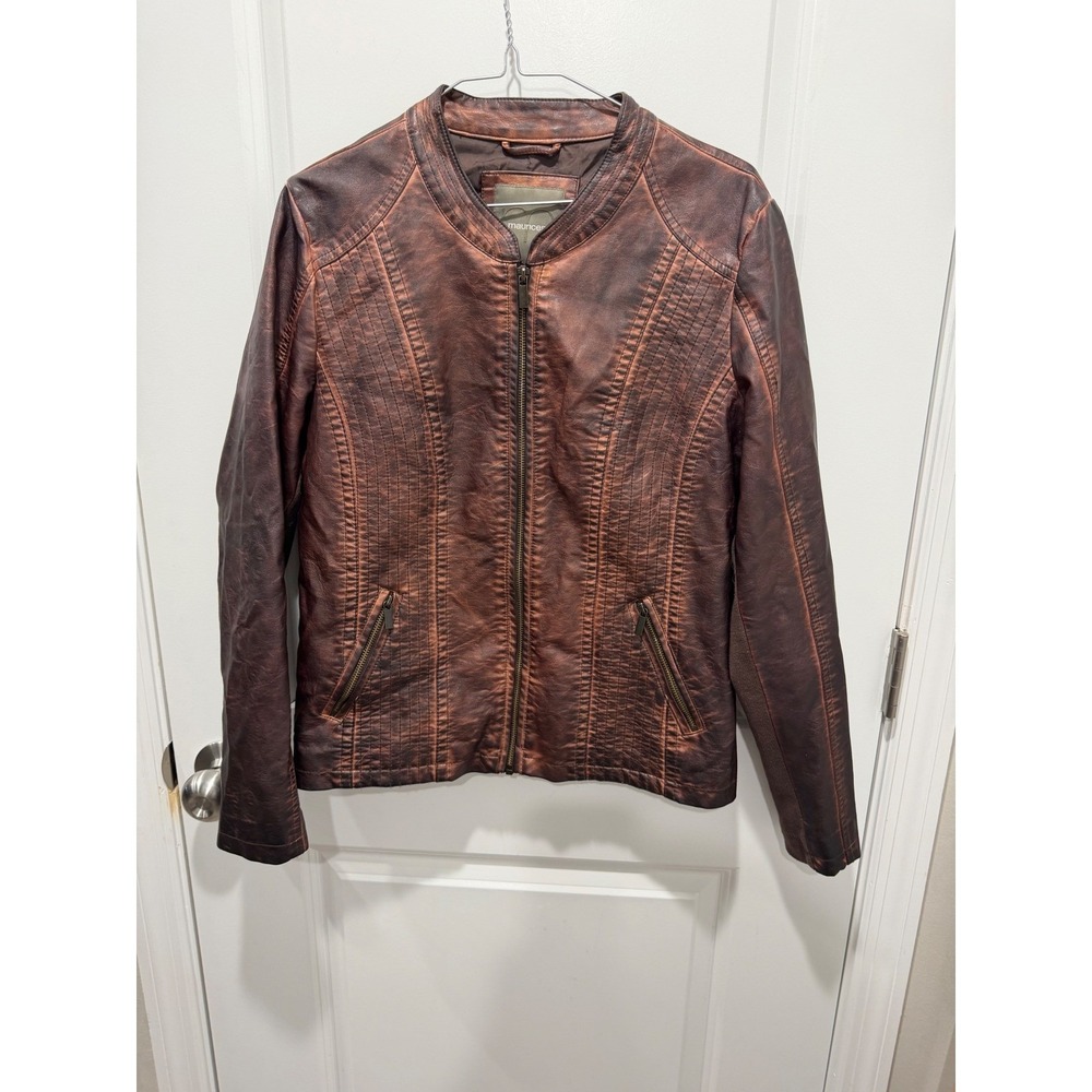 Maurices Womens Moto Jacket Distressed Faux Leather Brown Large